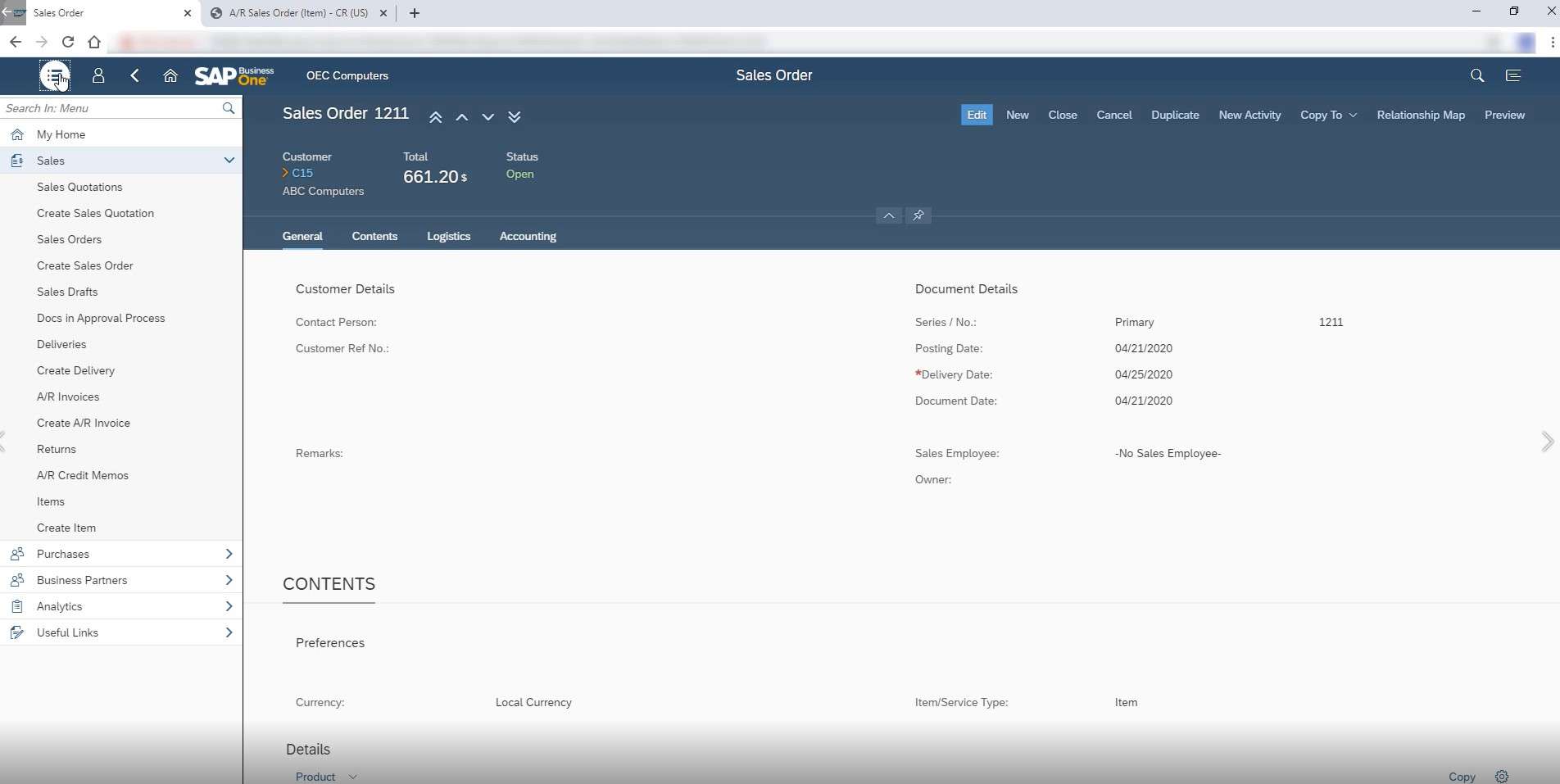 SAP Business One Web Client Create Sales Orders